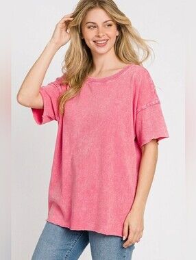 Zenana Acid Wash French Terry Drop Shoulder Raw Edge Top- Fast Shipping!!